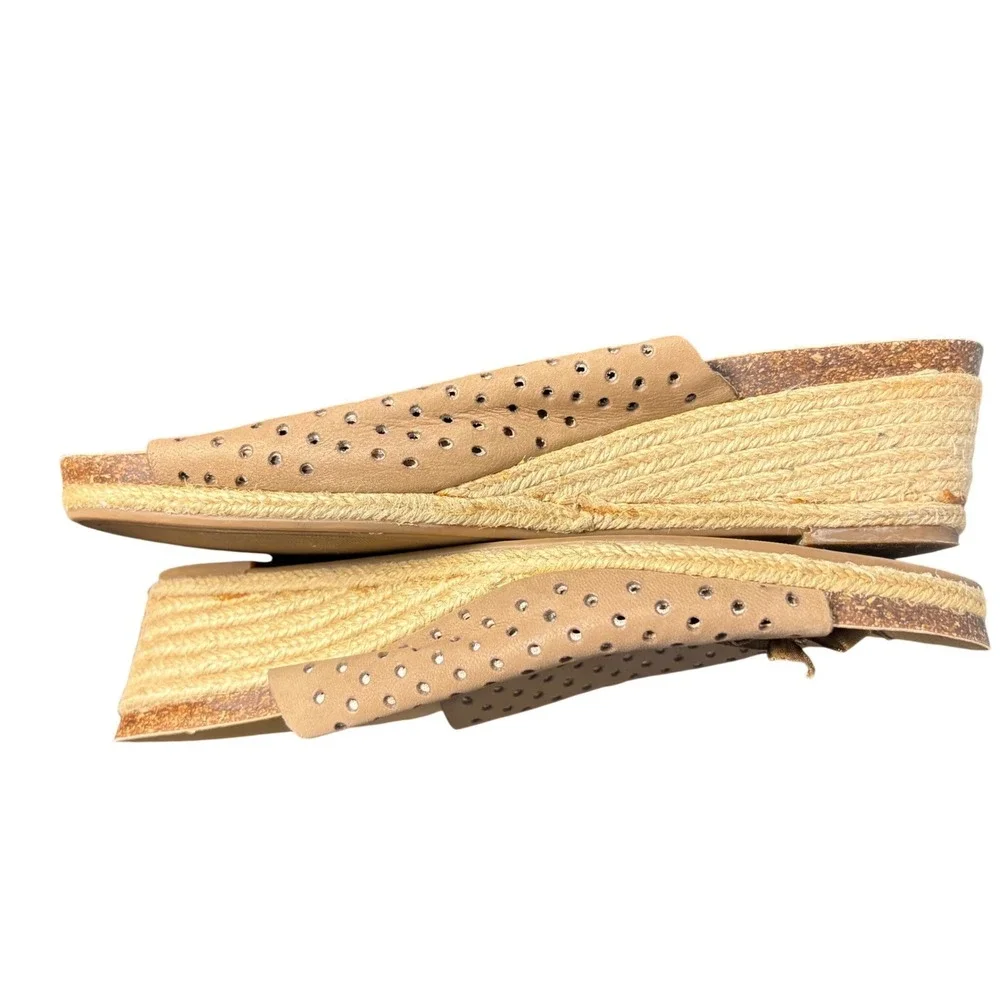 Lucky Brand JEMYA Taupe Leather Perforated Espadrille Wedge Slide Sandals 10M‎